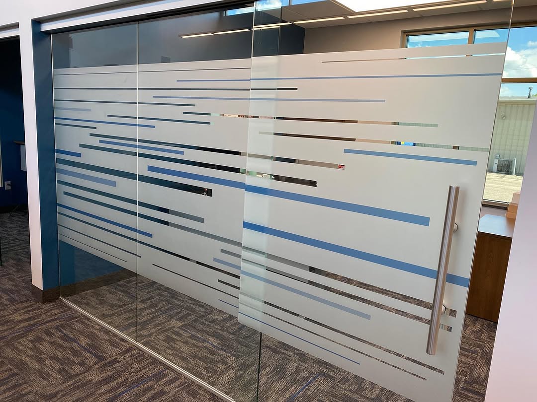 Custom frosted office glass graphics produced by Pro Color